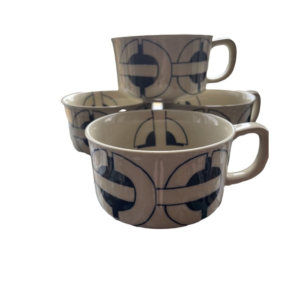 Otagiri Japan Vintage Stoneware MCM Geometric Blue White Soup Mug